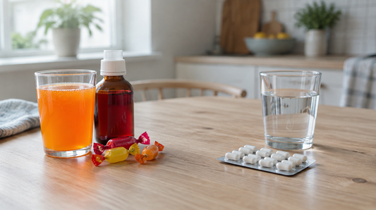 Saldināts dzēriens, konfektes un sīrups blakus antibiotiku kapsulām